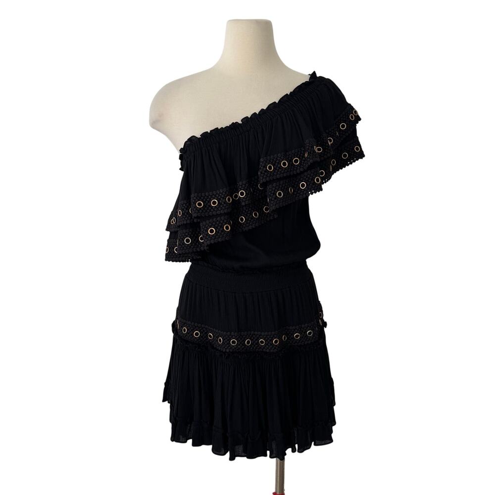 MISA Larisa One-Shoulder Mini Black Dress Ruffles Layers Gold Grommes S